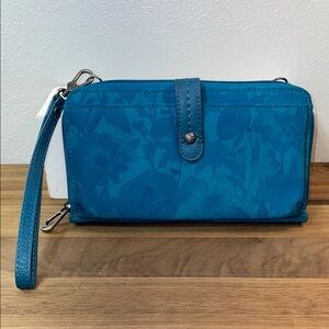 Sakroots Teal Floral Wristlet Wallet Zip Around Organizer with Leather Strap